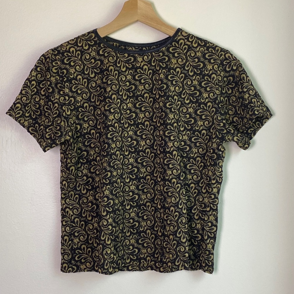 Lucie Ann II Paisley Lace Top Womens Small Black Gold Short Sleeve Vintage 90s
